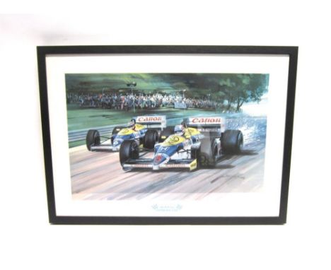 [MOTOR RACING]. MICHAEL TURNER (BRITISH, B.1934) Nigel Mansell wheel-to-wheel with Nelson Piquet, colour print, signed and da