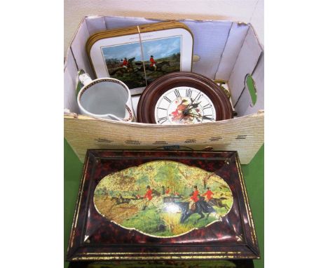 DECORATIVE HUNTING MEMORABILIA  A Staffordshire Quart Measuring Jug; Hunting scene Wall Clock; set of six hunting Placemats; 