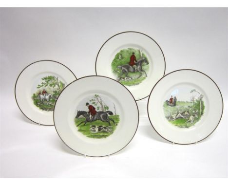 FOUR CROWN STAFFORDSHIRE BONE CHINA DINNER PLATES each depicting scenes of the chase, 27cm diameter