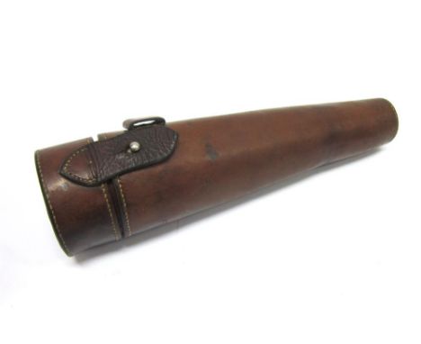 AN EARLY LEATHER FLASK HOLDER lacking flask and straps, 23cm