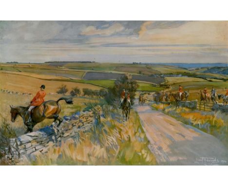AFTER LIONEL EDWARDS 'The Cotswold at Compton Abdale (from Puesdown Road)' Colour print.  Published by Eyre and Spottiswood, 
