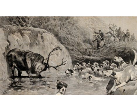 'A DAY WITH THE PRINCE OF WALES ON EXMOOR' A black and white print of a stag at bay.  Titled.  30cm x 49.5cm