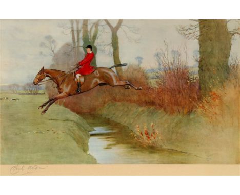 AFTER CECIL ALDIN The Pytchley - Huntsman on a bay horse taking a hedge and ditch, colour print, signed in pencil on the moun