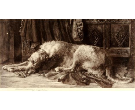 AFTER HERBERT DICKSEE A recumbent deerhound, black and white print, 36 x 65cm