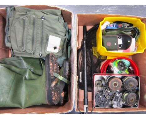 A GROUP OF FISHING REELS & ACCESSORIES  comprising a Mitchell 710, two Shakespeare 2755 reels, spare spools, line, scales, Ke