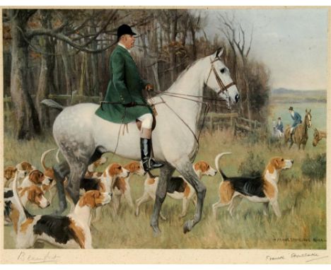 AFTER FRANK STONELAKE R.W.A. The Duke of Beaufort on a grey horse with hounds, colour print, signed in pencil on the mount by