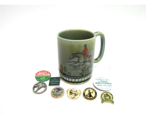 EIGHT ASSORTED BADGES relating to the Countryside Marches, Game keeping etc.; and a ceramic mug with hunting scene decoration