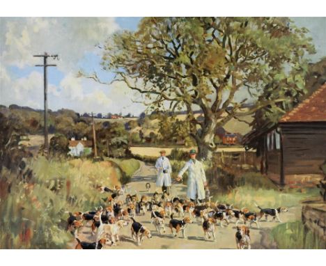 AFTER PETER BIEGEL The Bolebroke Beagles at exercise, Kemsing, Kent, colour print, 28.5 x 36cm