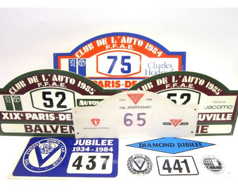 SIX ASSORTED HISTORIC RALLY VEHICLE COMPETITION PLATES including a Vintage Sports-Car Club Jubilee 1934-1984 example, various