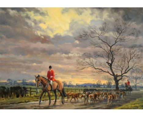 NEIL CAWTHORNE 'End of the day', huntsman & whip walking home, oil on canvas, signed, 49 x 69cm