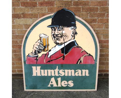 AN ELDRIDGE POPE 'HUNTSMAN ALES' PRINTED ENAMEL METAL WALL SIGN depicting a monocled huntsman raising a glass of bitter, 121c