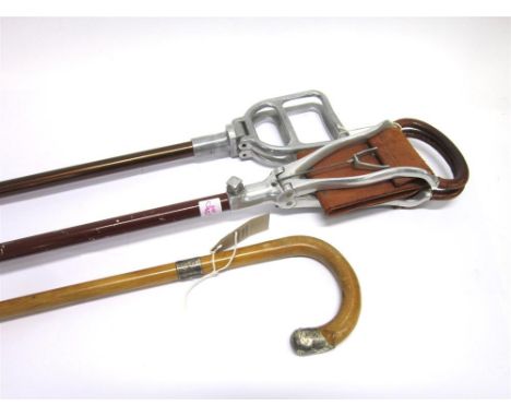 A SILVER MOUNTED WALKING STICK and two folding shooting sticks