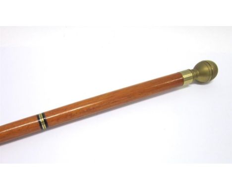 A THREE SECTION WALKING STICK the brass ball grip opening to reveal a compass and flask