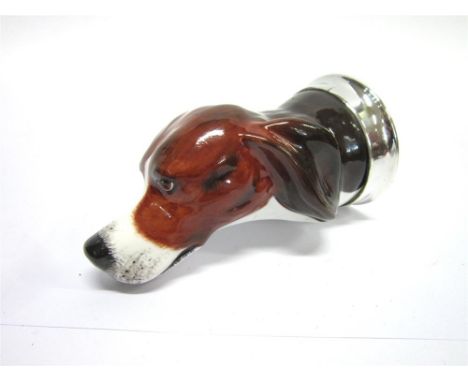 A BONE CHINA FOXHOUND STIRRUP CUP Hand painted & artist signed, from a limited edition of 50, with plated mount, 13cm 