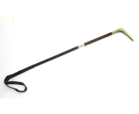 A CHILD'S HUNTING WHIP with horn grip and twin plated collars, one engraved with initials 'R.A.B.'