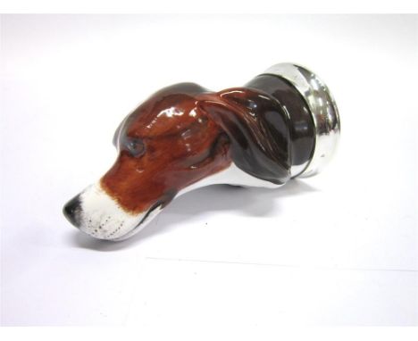A BONE CHINA FOXHOUND STIRRUP CUP Hand painted & artist signed, from a limited edition of 50, with plated mount, 13cm 