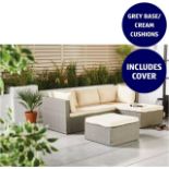 1 X NEW & BOXED LUXURY GREY & CREAM CORNER SOFA SET. SOAK IN THE SUN AND FEEL THAT