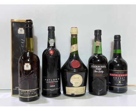 A bottle of Taylors Late Bottled Vintage Port 1988; a bottle of Cockburns Ruby port; 2 bottles of sherry; a 1 litre bottle of