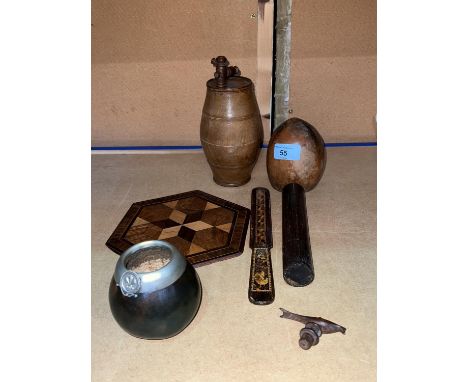 A turned and polished wood spirit barrel with bird finial, overall length 18cm; 2 pieces of Tunbridge ware; other treen 