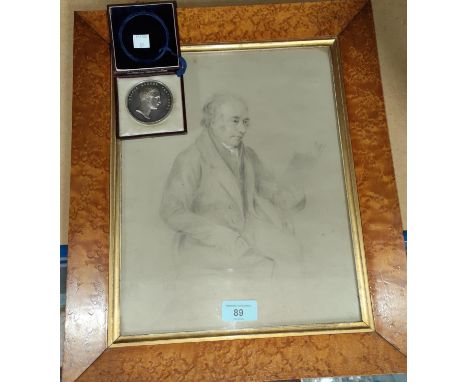 A sketch&nbsp; of John Morton of Fairfield, Glos., by The Duchess of Ducie (attrib. en verso) in bird's eye maple frame toget