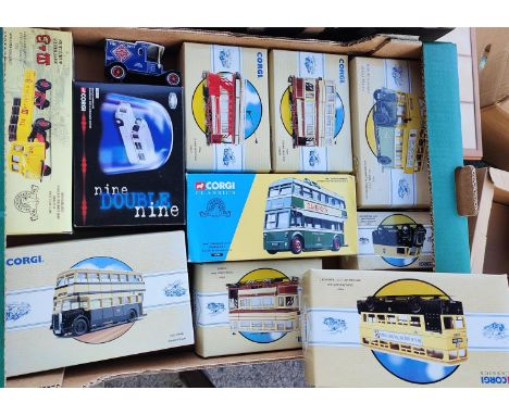 A selection of boxed Corgi Classic vehicles, trams, buses etc; Limited Edition 'nine double nine', The Brewery Collection etc