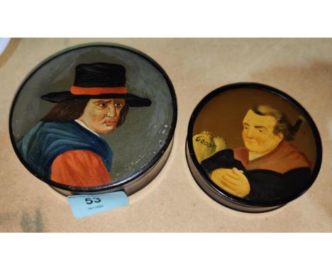 A 19th century continental lacquer patch box with painted portrait of a man in a hat; and another, 9cm 