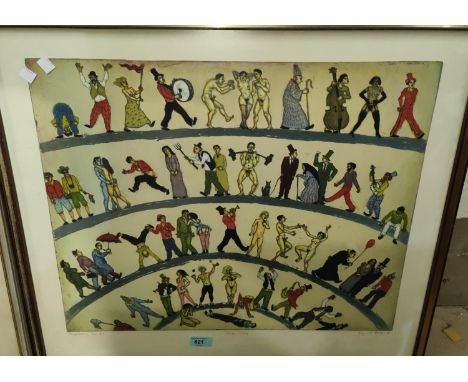 Sigmund Reiber ?:&nbsp; colour etching, burlesque figures, signed and titled in pencil, 45 x 55cm, framed 