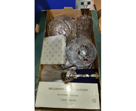 A decanter with hallmarked silver collar; other silver plate and glassware 