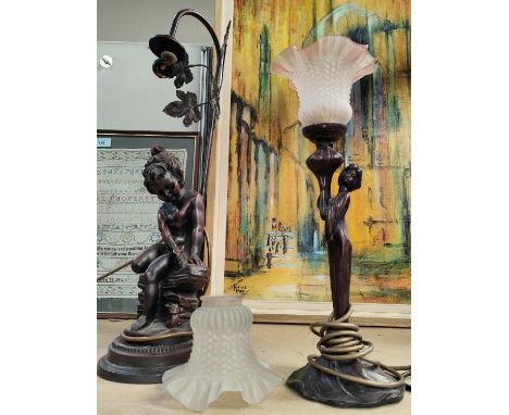 A cherub lamp with frosted glass shade and an Art Deco style lamp with frosted glass shade 