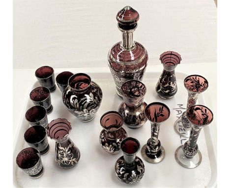 16 items of purple Venetian glass, all with silvered decoration including a liqueur decanter and 6 glasses, the remainder sma