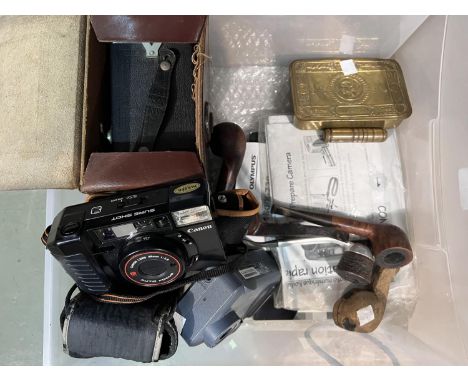 A WWI 1914 Christmas cigarette tin; a shell case lighter; pipes;, vintage box camera and others