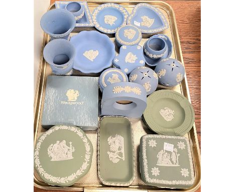 Two Wedgwood light blue jasperware fruit bowls; a selection of blue and green jasperware, 19 pieces approx 