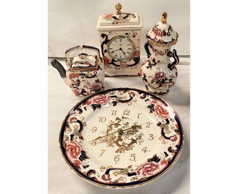 A Mason's Mandalay mantle clock and similar wall clock; a teapot and a covered vase 