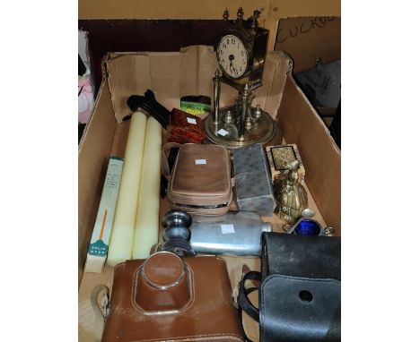 An Edwardian 400 day clock (no dome); 3 vintage cameras; bric-a-brac 