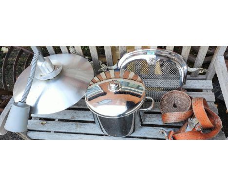 A Jaguar chrome front grill, a large cooks pot, a ratchet&nbsp; and a ceiling light 