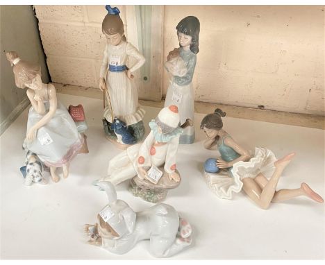 A Lladro figure:&nbsp; girl with dog; 5 Nao figures of children 