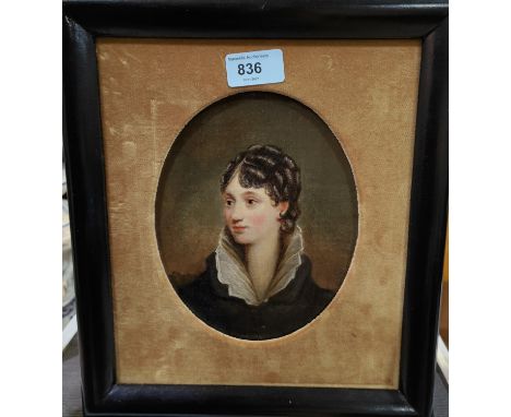 19th century school, head &amp; shoulders portrait of a young woman with a high collar, oval oil on board, unsigned, 18 x 14c