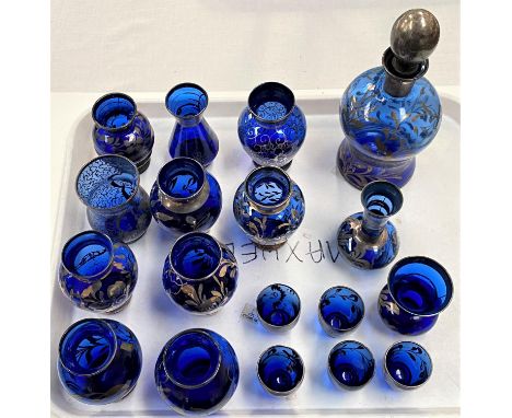 18 items of cobalt blue Venetian glass small vases all with silvered decoration including a liqueur decanter and 5 glasses an