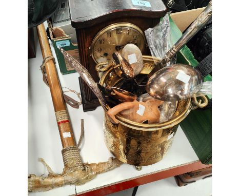 A mountaineering climbing axe with vintage    travel label; a 1930's oak cased clock and a brass hanging bowl and silver plat