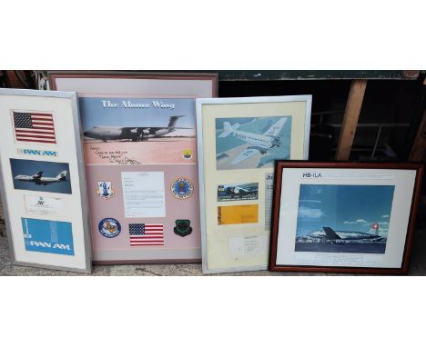 A framed letter and badges for the 'Alamo Wing from Knob House, Texas'; a vintage Pan Am ticket etc framed and two similar it