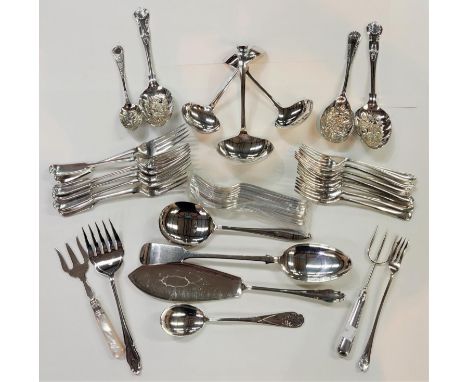 A selection of silver plated cutlery:&nbsp; a basting spoon; a cased soup ladle; other sauce ladles; berry spoons; 2 bread fo