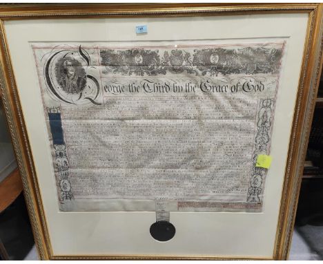 George III circa 1781, a deed on vellum detailing a religious land grant, bearing half length portrait of George III, and a l