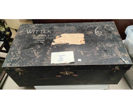 A metal travel trunk; 2 sets of card filing drawers etc 