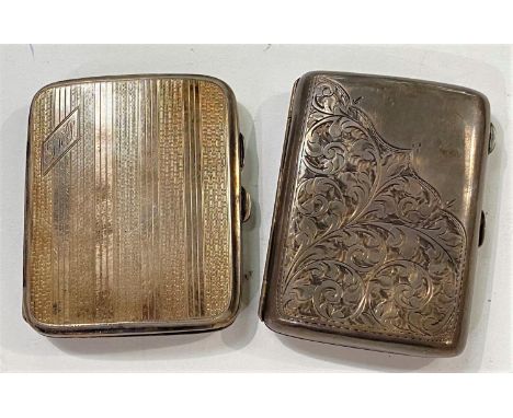 A hallmarked silver chased cigarette case; an engine turned cigarette case, Birmingham 1919 &amp; 1929, 4oz 