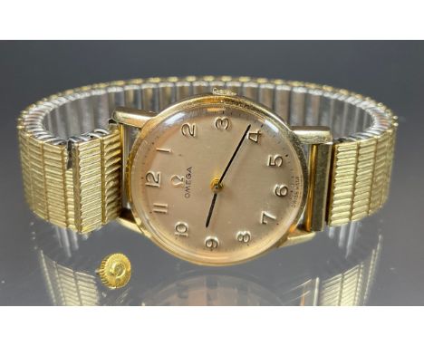 Omega - ladies 9ct gold cased watch head, brushed silver dial, Arabic numerals, minute track, 620 Cal manual wind movement, s