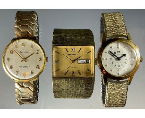 A Timor Time Guide automatic wristwatch, white dial with Braille markers and Arabic numerals, inner minute track, gold plated