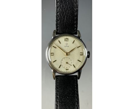 Tudor Rolex - a 1950s stainless steel cased wristwatch, ref 9850, 30mm case, textured sunburst dial, Arabic numerals and bloc