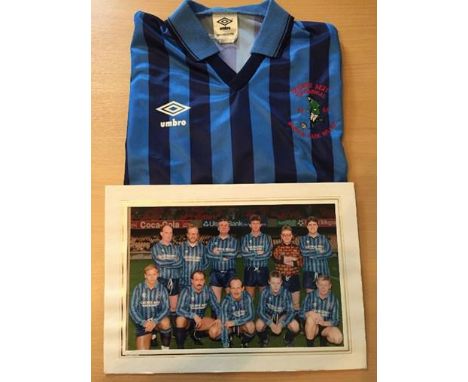 George Best Testimonial Match Football Shirt: Original George Best Management Match Shirt. Light blue and navy stripes with m