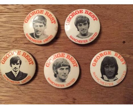 1960s Original George Best Football Badges: Circular white metal portrait badges of George Best. All different. (5)