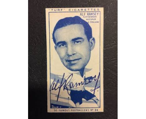 Alf Ramsey Signed Football Card: Turf Cigarette Card Famous Footballers. Number 34 personally signed by Alf Ramsey of Tottenh